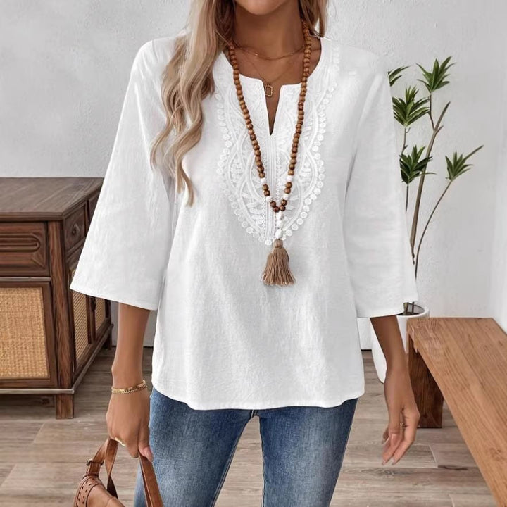 Women's Embroidered Linen Tunic with V-Neck and Three-Quarter Sleeves Mune Fashion