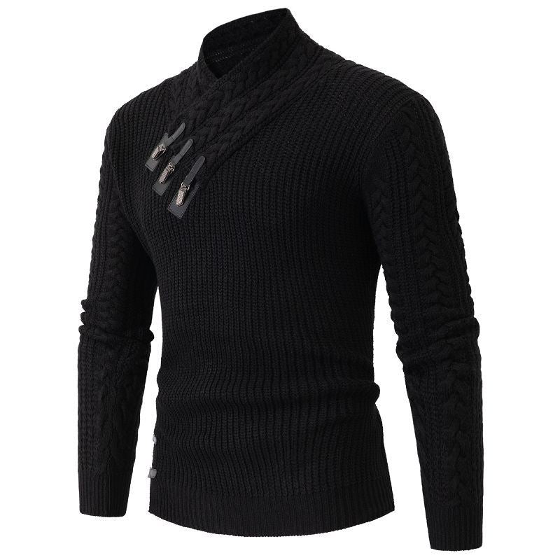 Men's Structured Cable Knit Mock Neck Sweater with Asymmetrical Strap Decoration Mune Fashion