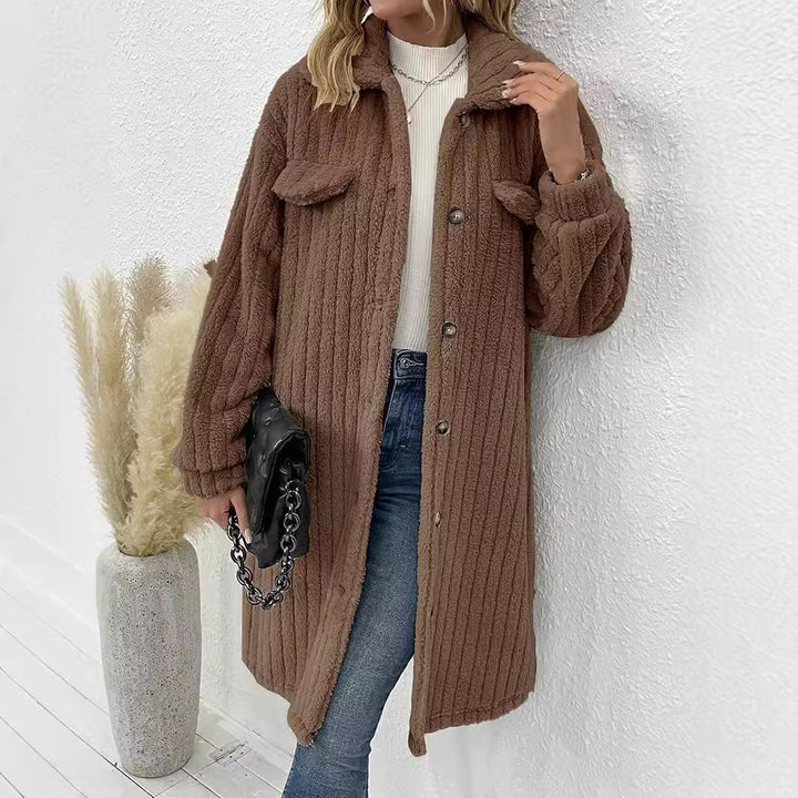 Women's longer teddy coat with shawl collar and patch breast pockets Mune Fashion