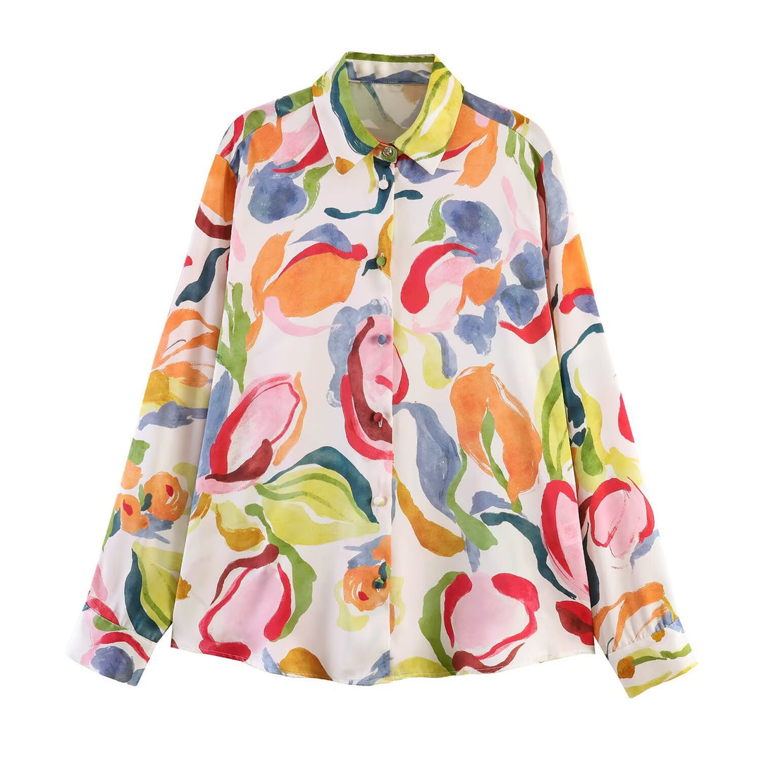 Women's Printed Oversized Blouse with Shirt Collar and Pearl Buttons Mune Fashion