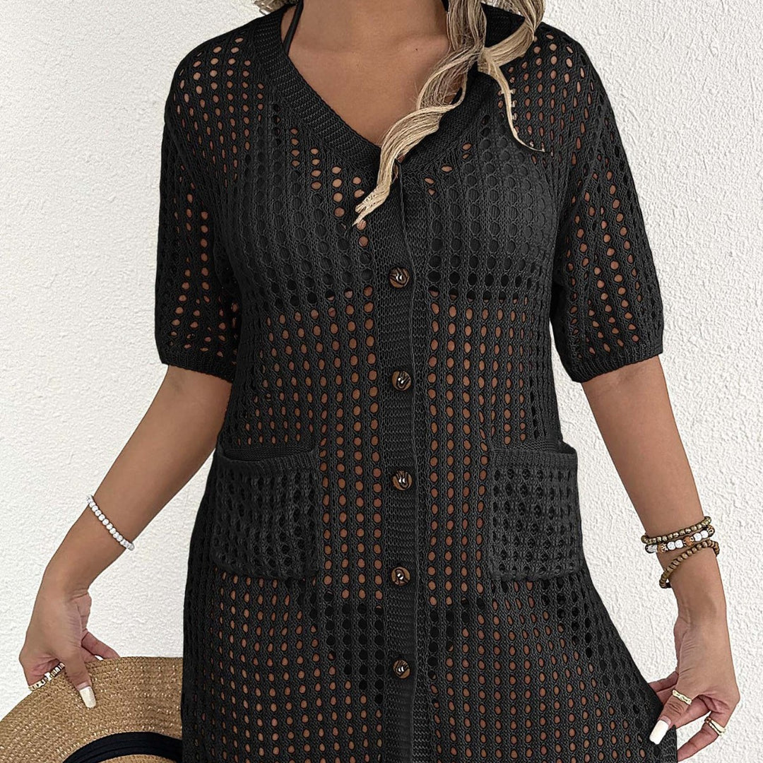 Women airy crochet scarf with decorative button details Mune Fashion