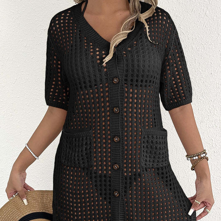 Women airy crochet scarf with decorative button details Mune Fashion