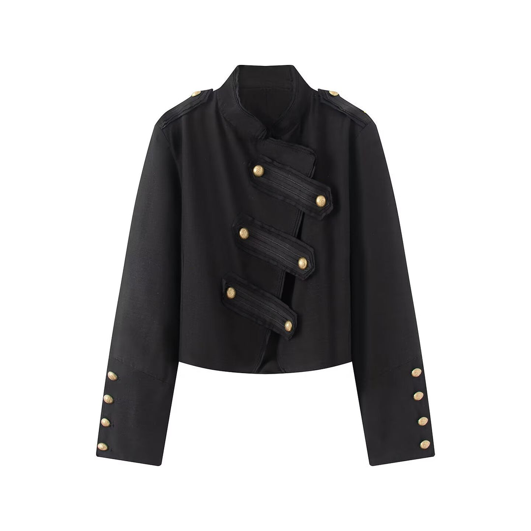 Women Short Military Jacket with Stand-up Collar and Golden Decorative Buttons Mune Fashion