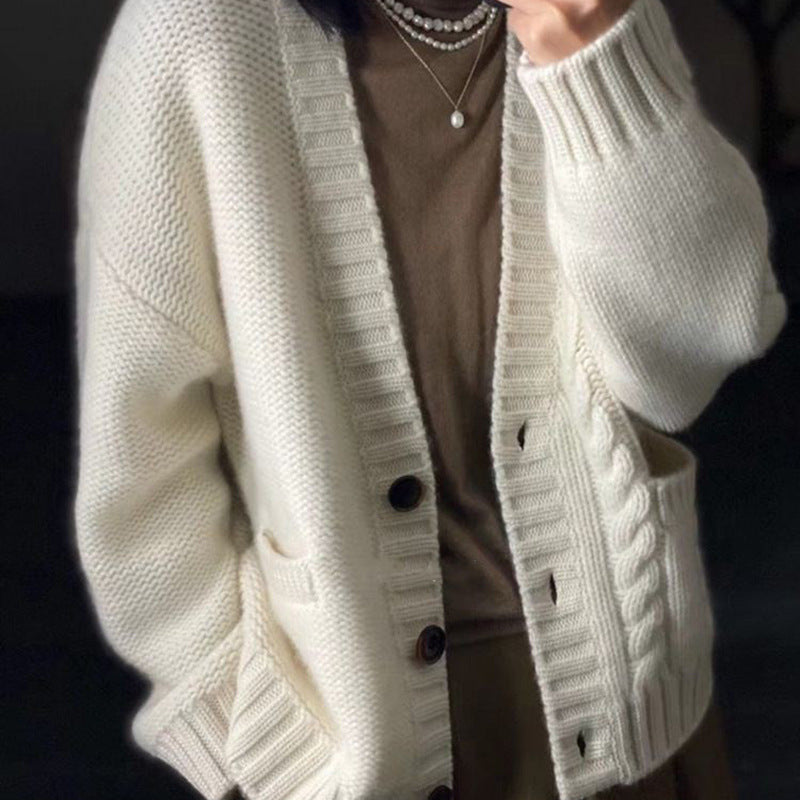 Women's Oversized Knit Cardigan with Cable Detail, Front Pockets and Button Placket Mune Fashion