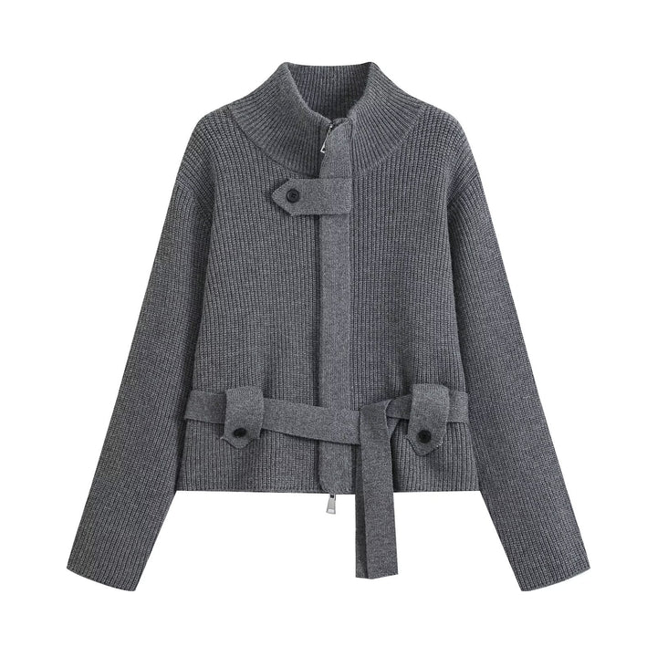 Ladies Short Knitted Tailored Cardigan with Stand-up Collar and Waist Belt Drune