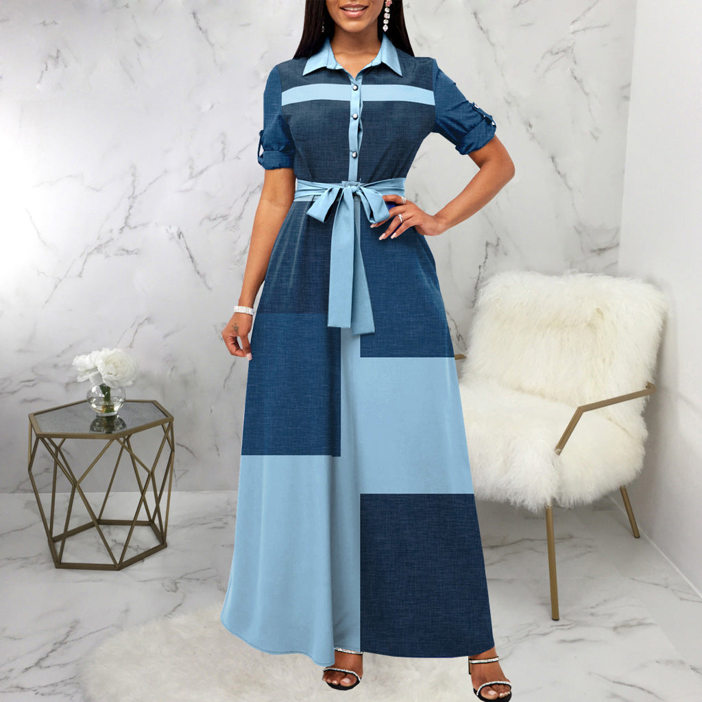 Ladies Maxi Dress Shirt Blouse Style with Waist Belt and Block Patch Design Mune Fashion