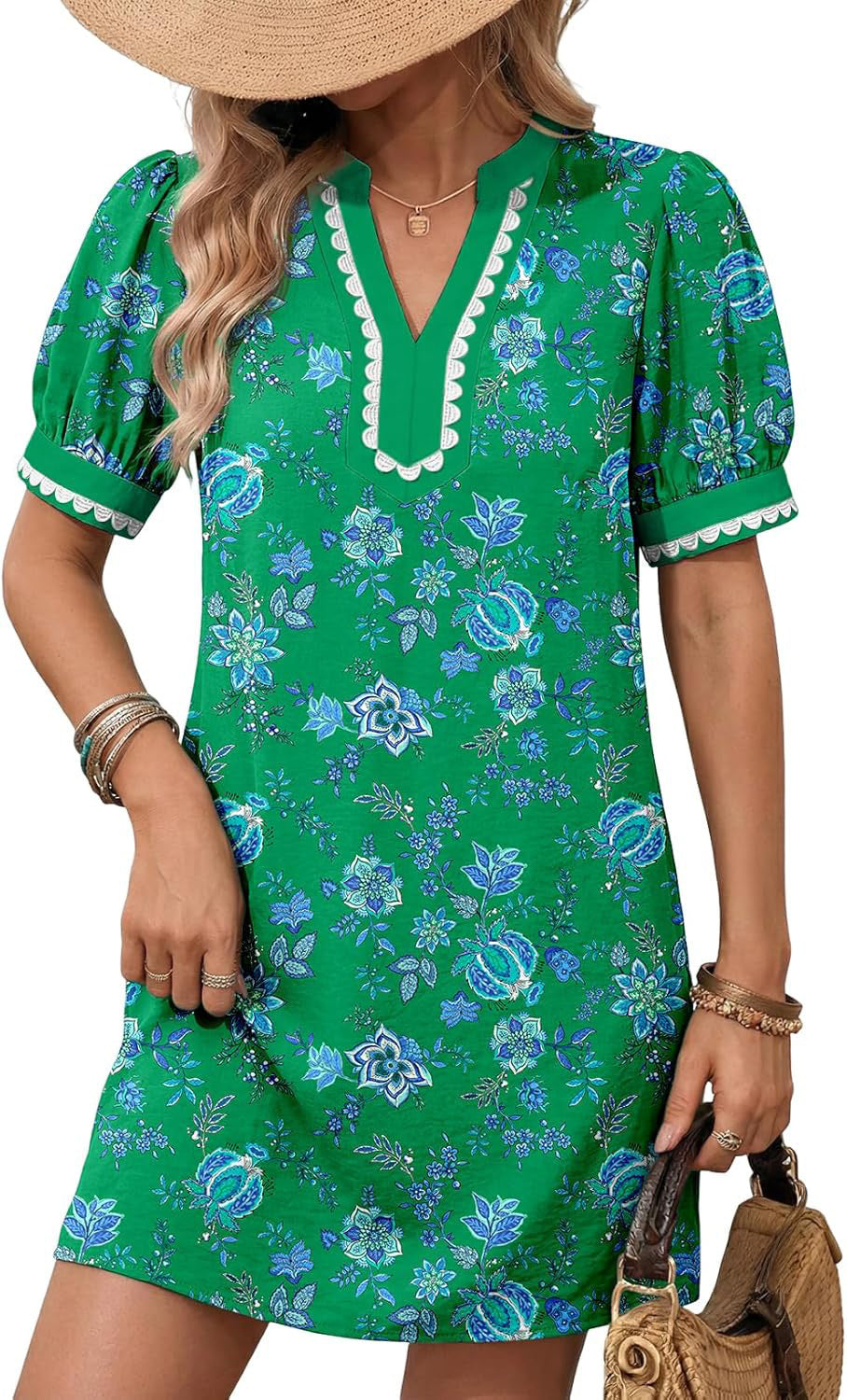 Women Loose A-Line Minidress with Puff Sleeves, V-Notch and Contrasting Trim Mune Fashion