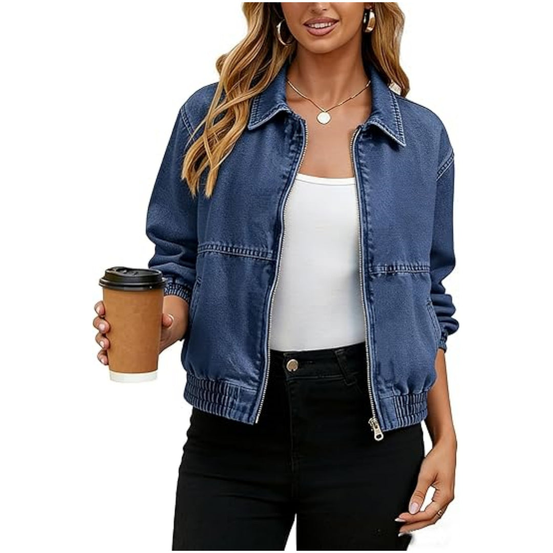 Women's jeans bomber jacket with zipper, elastic hem, and shirt collar Mune Fashion