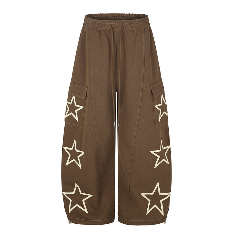 Women’s Wide Cargo Sweatpants with Star Appliqués and Drawstring Waist Mune Fashion