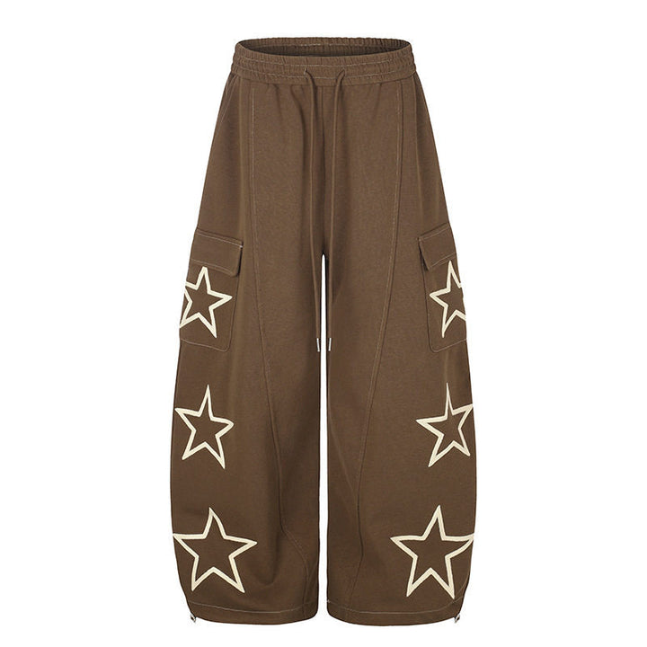Women’s Wide Cargo Sweatpants with Star Appliqués and Drawstring Waist Mune Fashion