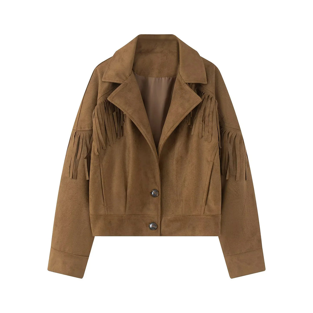 Ladies nan short suede look fringe jacket with lapel collar and concealed button placket Mune Fashion