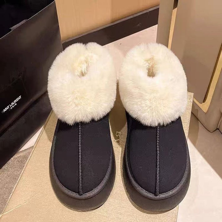 Women Padded Platform Slippers with Fur Collar and Non-Slip Profile Sole Mune Fashion