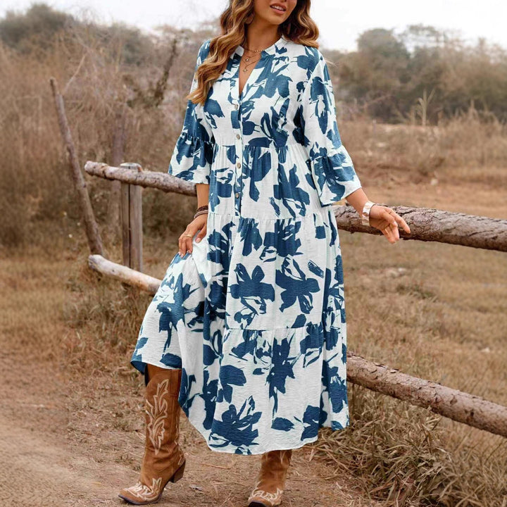 Women's Long Tiered Dress with V-Neck, Button Placket and Ruffled Sleeves Mune Fashion