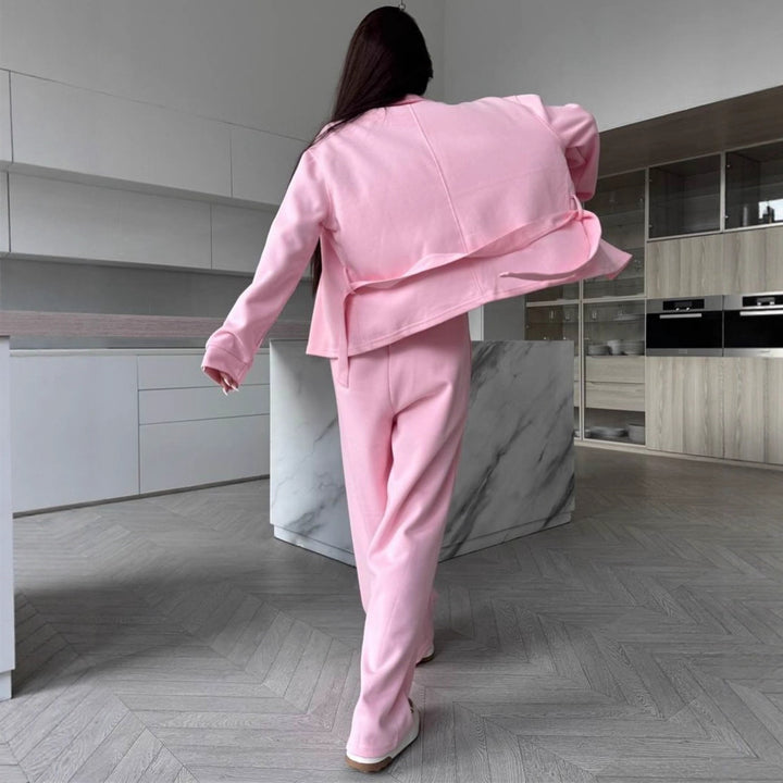 Women Two-Piece Loungewear Set with Fitted Blouson, Tied Belt and Wide Palazzo Pants Mune Fashion