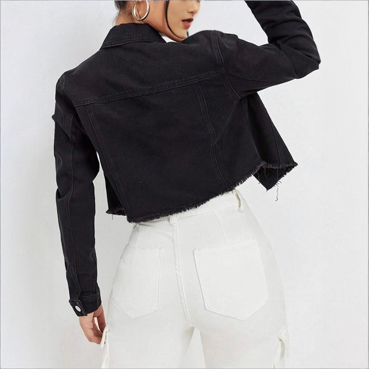 Women's Cropped Denim Jacket with Studded Collar, Frayed Hem and Flap Pockets Mune Fashion