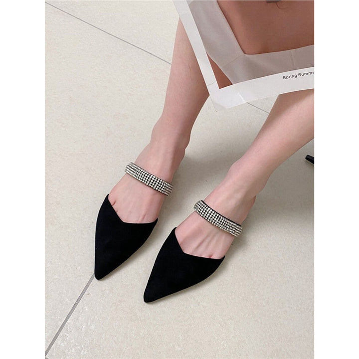 Women’s pointed toe backless mules with double row crystal strap and sculpted block heel Mune Fashion