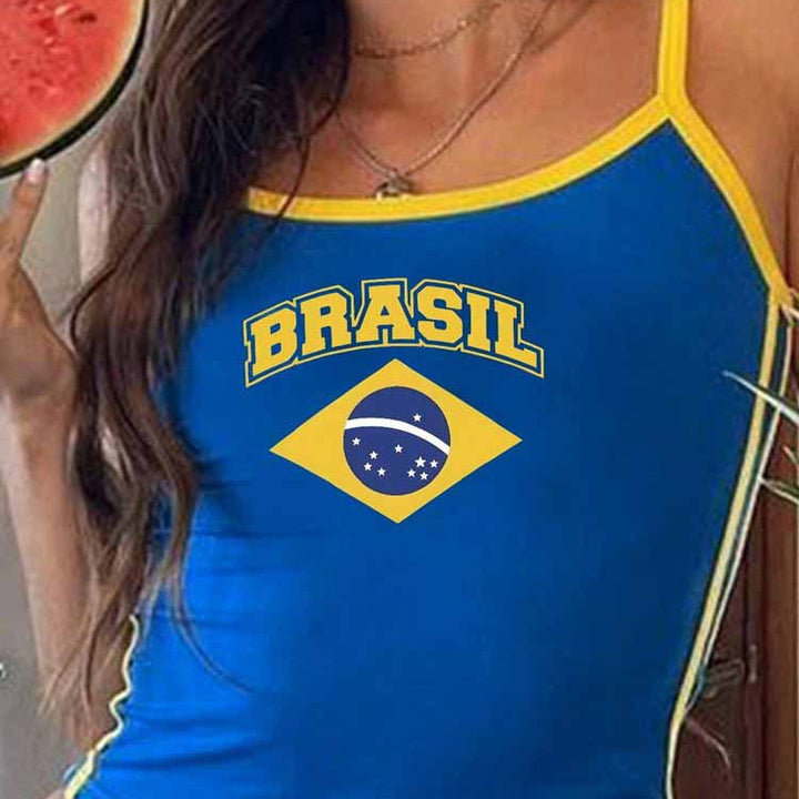 Women's form-fitting spaghetti strap top with Brazil print Mune Fashion