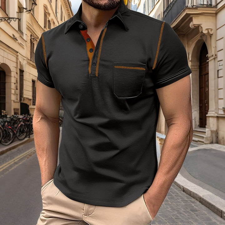 Men's short sleeve polo with chest pocket, contrasting quilted seam and shirt collar Mune Fashion