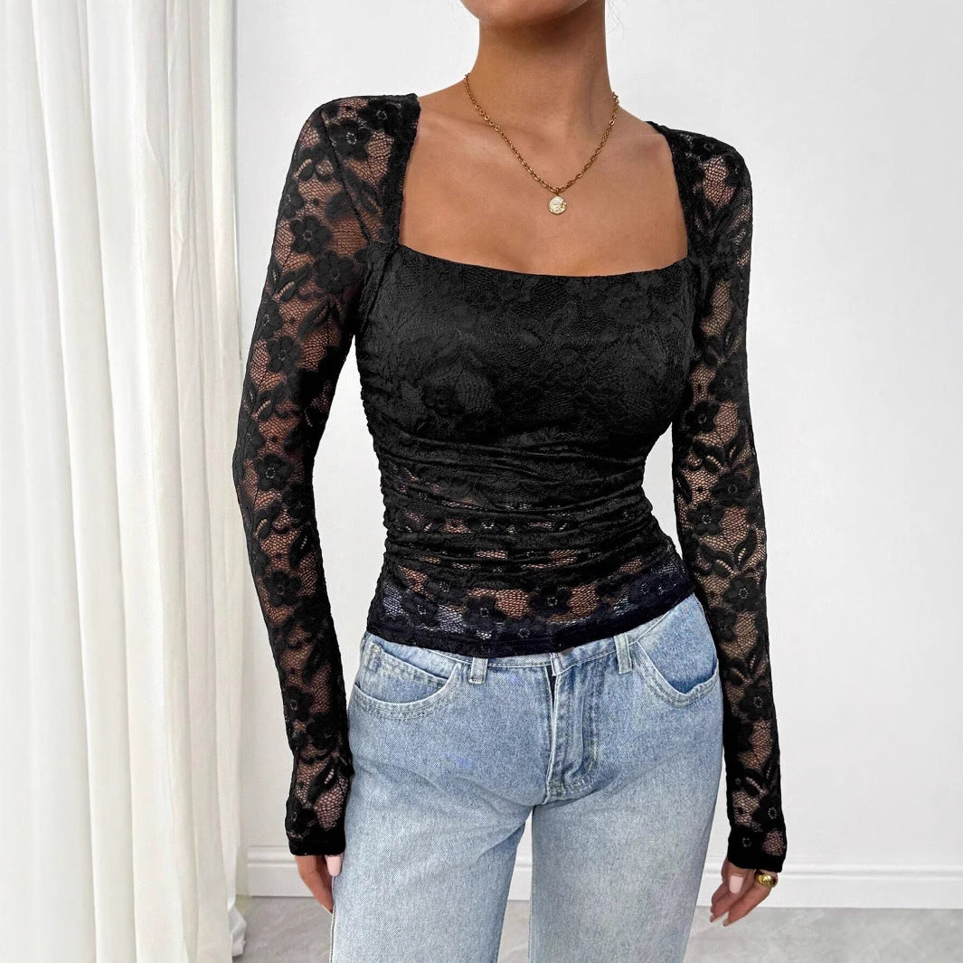 Women's figure-hugging lace top with square neckline and long sheer sleeves Mune Fashion