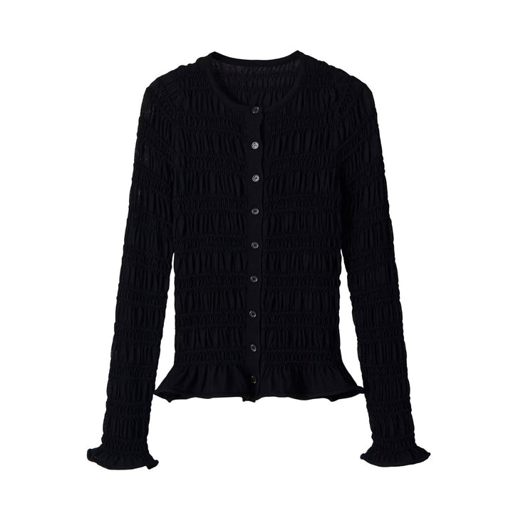 Women's Smocked Long Sleeve Top with Ruffle Hem and Fitted Cut Mune Fashion