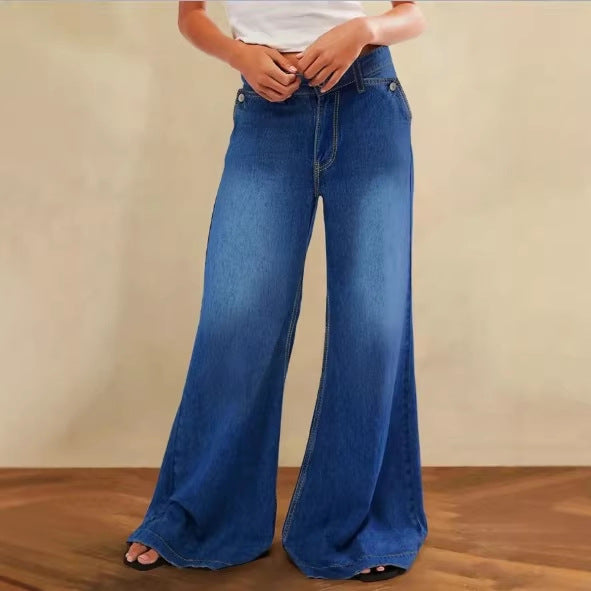 Women High-Waist Denim Palazzo Pants with Flowing A-Line and Wide Leg Mune Fashion