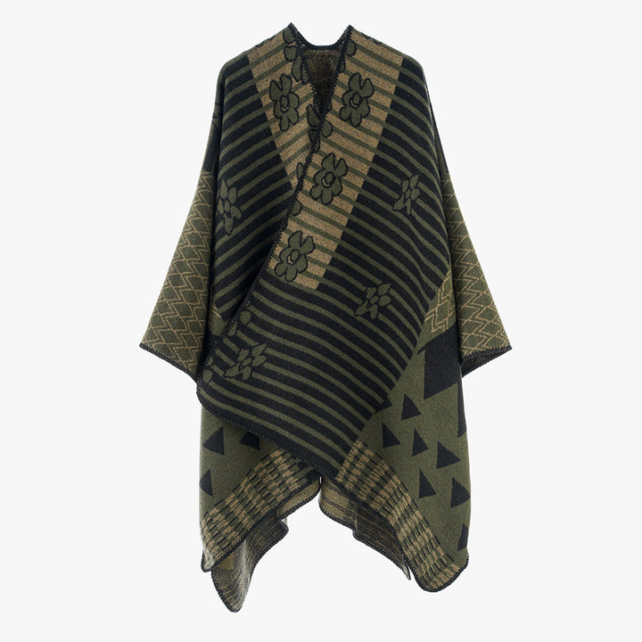 Women Versatile Knit Poncho in Patchwork Jacquard with V-Neck and Asymmetrical Points Hem Mune Fashion