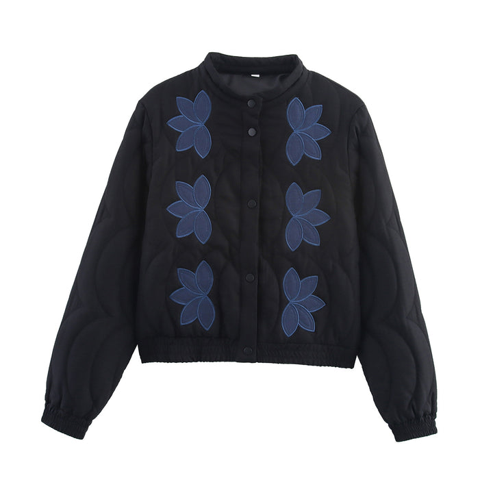 Women Short Cut Padded Jacket with Floral Appliqués and Elastic Hem Mune Fashion