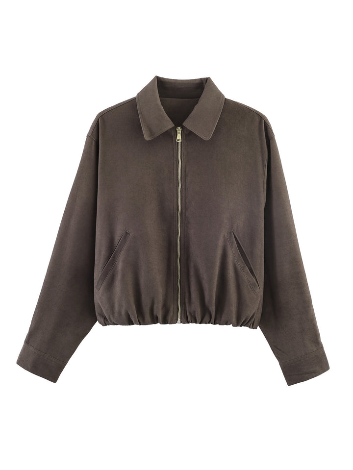 Women's short blazer in velvet look with pointed shirt collar and elastic hem Mune Fashion