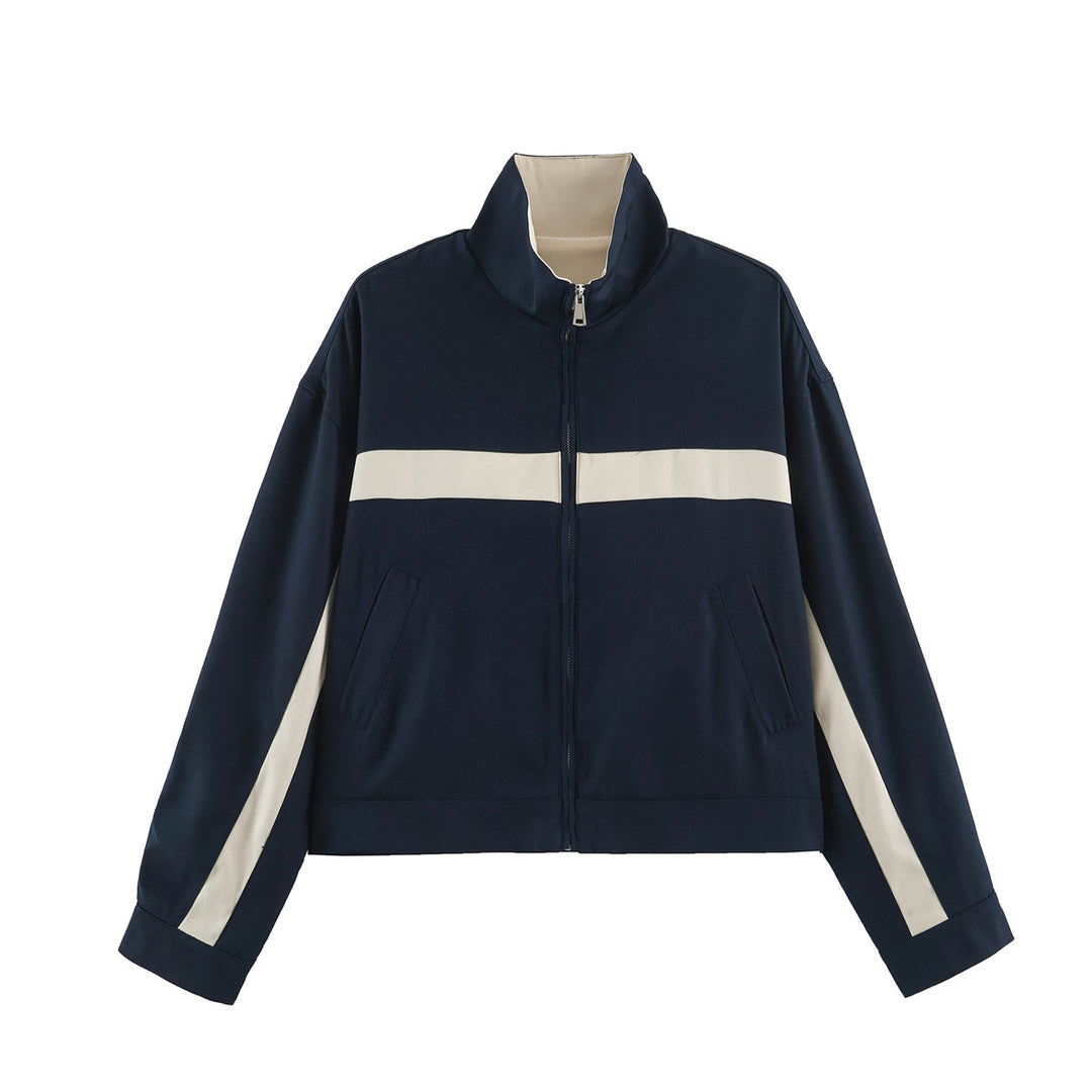 Ladies Cropped Track Jacket with Stand-up Collar, Zipper and Side Contrast Stripes Mune Fashion