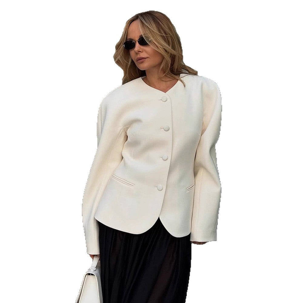 Women Short Blazer with Sculptural Shoulder, Rounded Neckline and Concealed Button Placket Mune Fashion