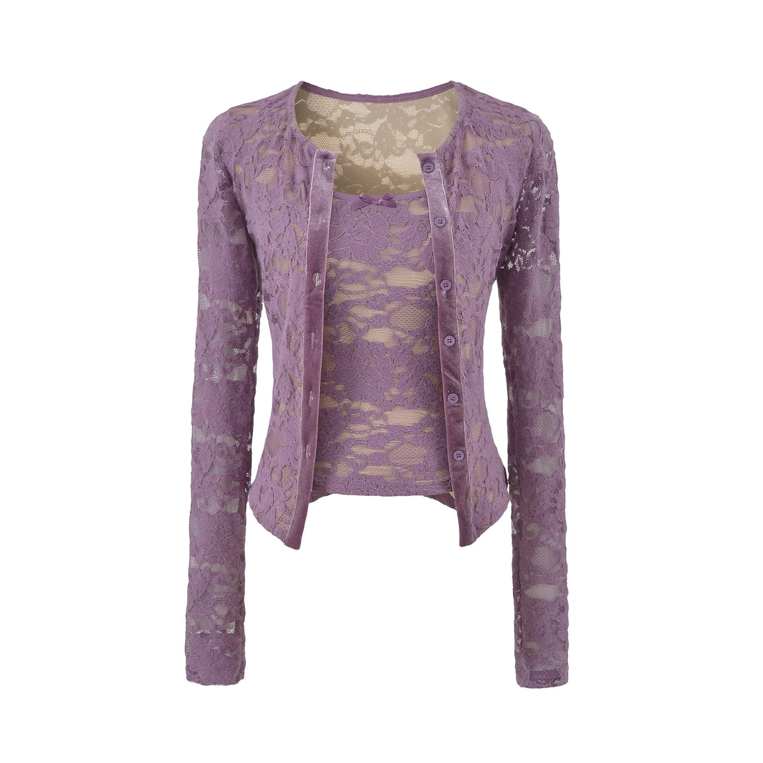Ladies Fine Lace Cardigan with Matching Under Top and Velvet Trim Mune Fashion