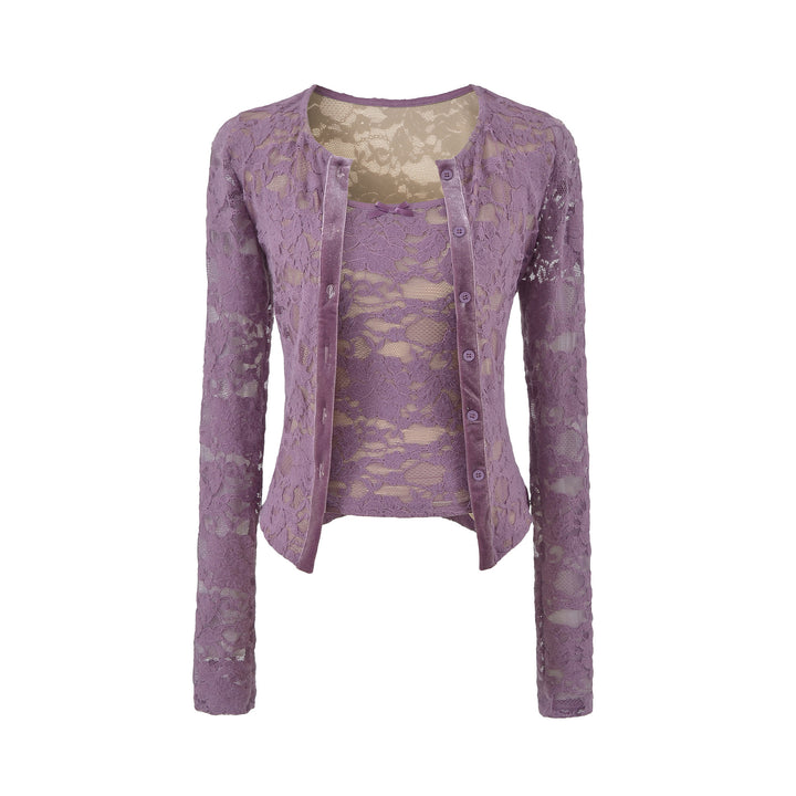 Ladies Fine Lace Cardigan with Matching Under Top and Velvet Trim Mune Fashion