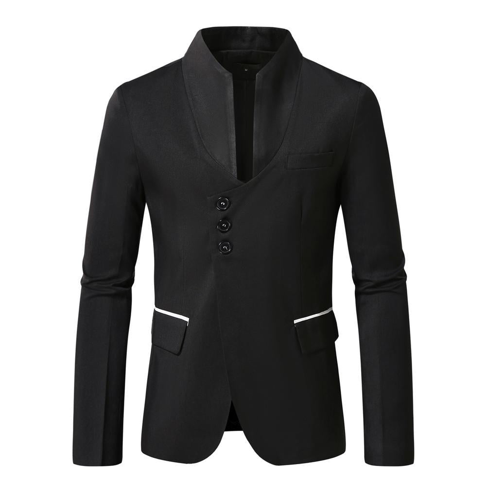 Men's nan asymmetrical blazer with stand collar, three buttons and slim fit as well as piped pockets Mune Fashion