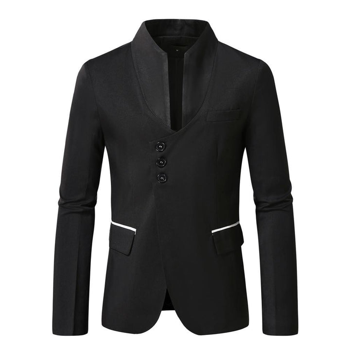 Men's nan asymmetrical blazer with stand collar, three buttons and slim fit as well as piped pockets Mune Fashion