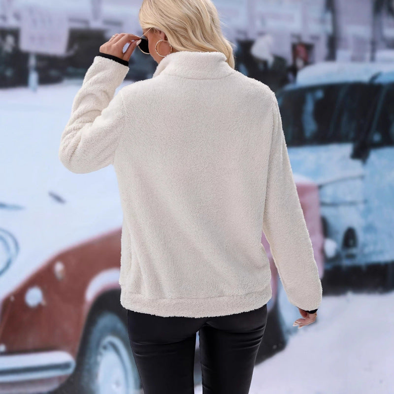 Women's fluffy fleece cuddle pullover with half zipper, kangaroo pocket and stand-up collar Mune Fashion