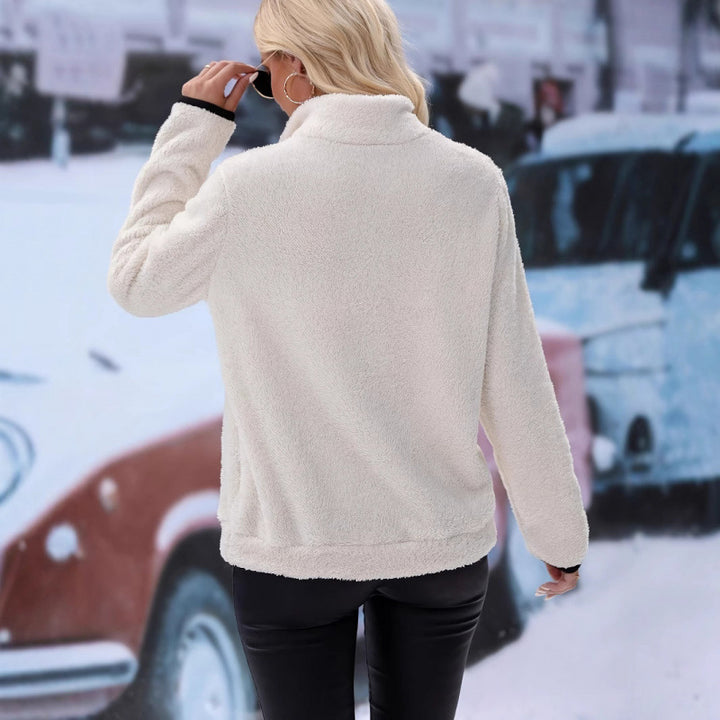 Women's fluffy fleece cuddle pullover with half zipper, kangaroo pocket and stand-up collar Mune Fashion