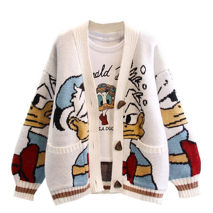 Women Oversized Knit Cardigan with Comic Jacquard Pattern and Applied Pockets Mune Fashion