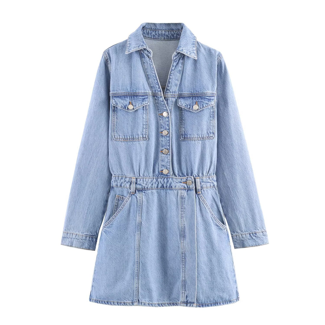 Women's Tailored Denim Dress with Tie Belt, Shirt Blouse Collar and Flap Pockets Mune Fashion