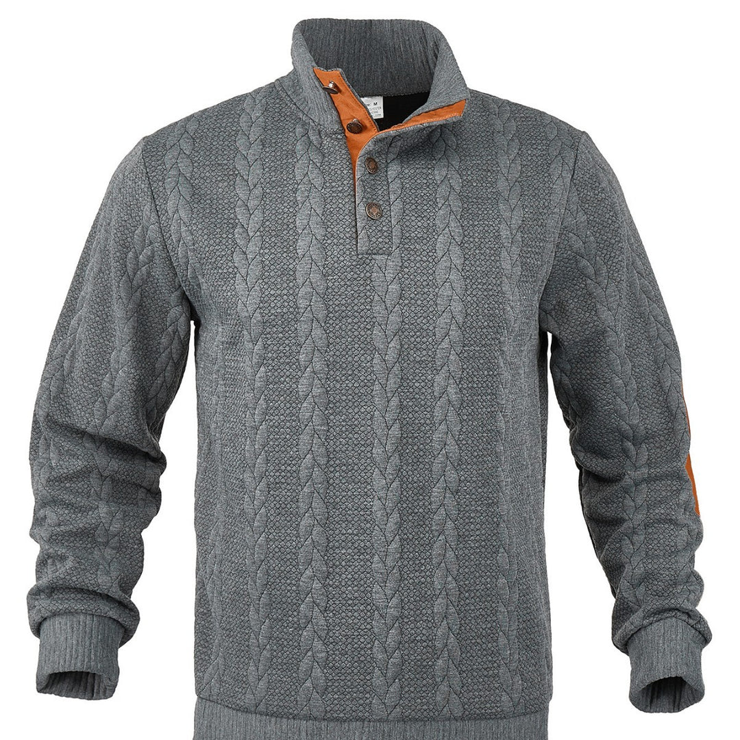 Men's cable knit sweater with stand-up collar, half placket and elbow patches Mune Fashion