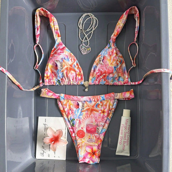 Women's Floral Design Triangle Bikini with Adjustable Straps Mune Fashion