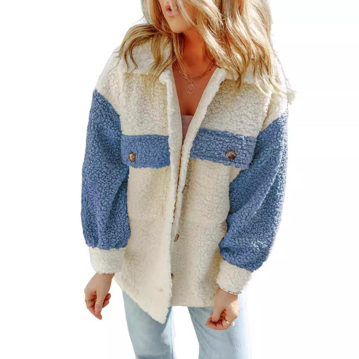Women's oversized Teddy shirt jacket with contrast stripes, applied chest pockets and visible button placket Mune Fashion