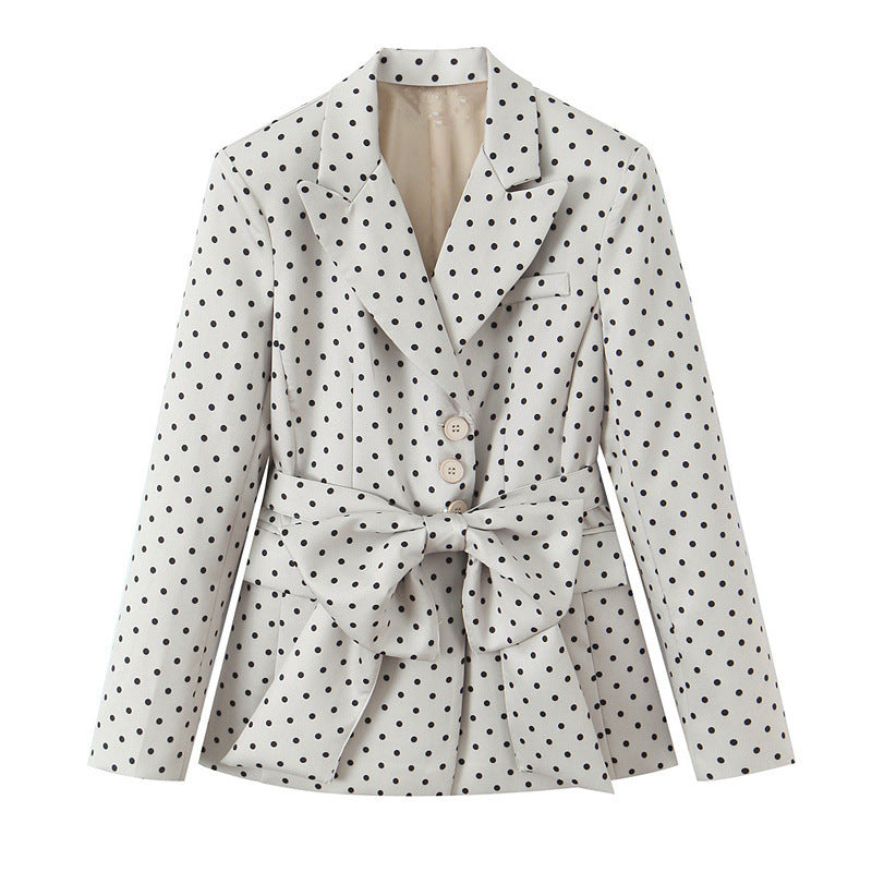 Women's Fitted Polka Dot Blazer with Tie Belt and Notched Collar Mune Fashion