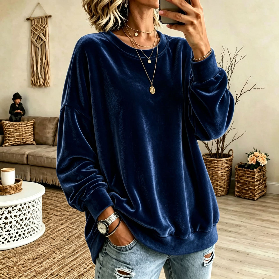 Women Oversized Velvet Sweater with Loose Fit and Ribbed Hem Mune Fashion