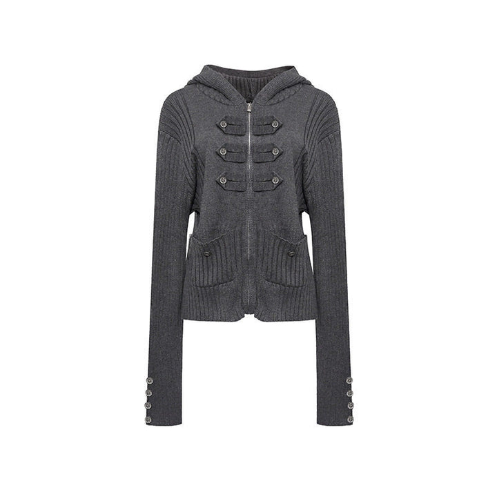 Women's ribbed hooded cardigan with zipper, decorative button placket and patch pockets Mune Fashion