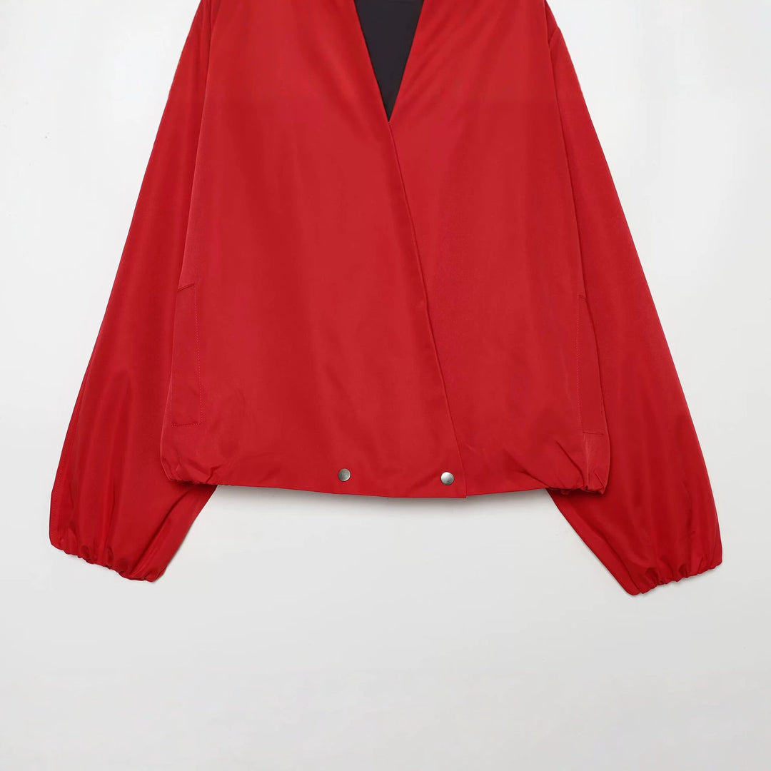 Women's bomber-style short jacket with kimono collar, balloon sleeves, and elastic hem Mune Fashion