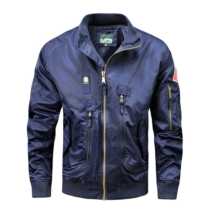 Men's Nylon Bomber Jacket in Aviator Style with Utility Pockets and Sleeve Pocket Mune Fashion