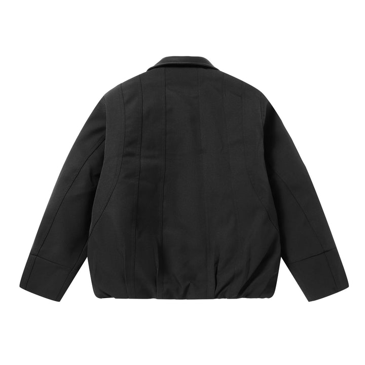 Men's Short Boxy Workwear Blouson with Leather Collar and Vertical Quilting Mune Fashion
