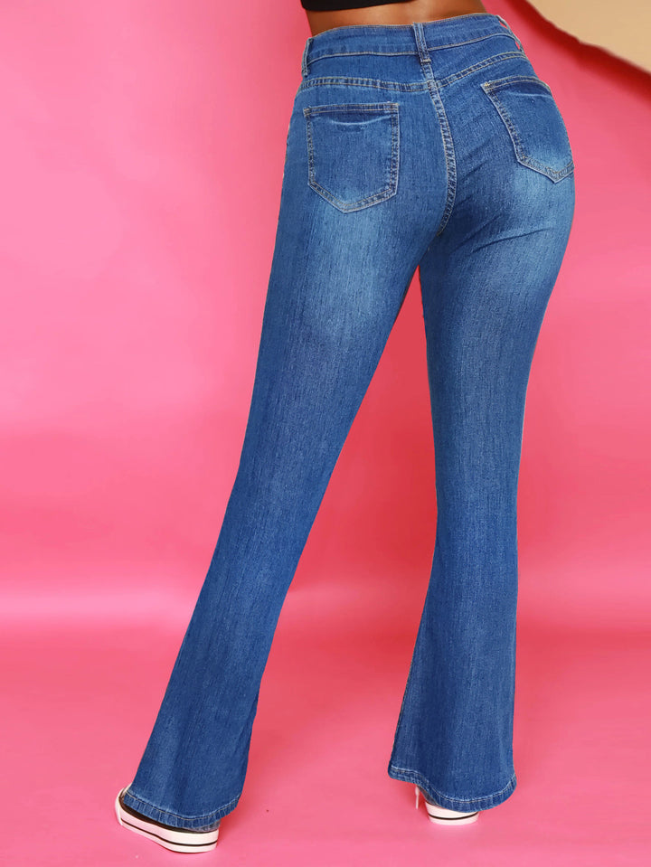 Women's High-Waisted Flared Jeans with Visible Button Placket and Sculpting Superstretch Comfort Mune Fashion