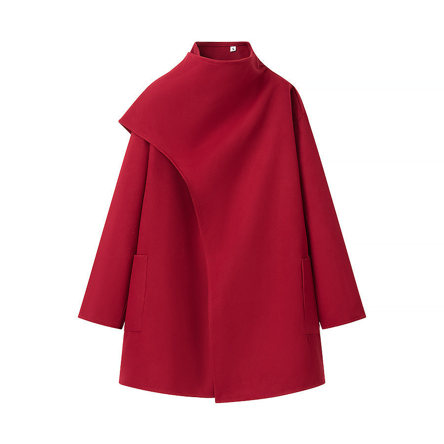 Women Asymmetrical Wool Blend Coat with Cape Overlay and Stand Collar Mune Fashion