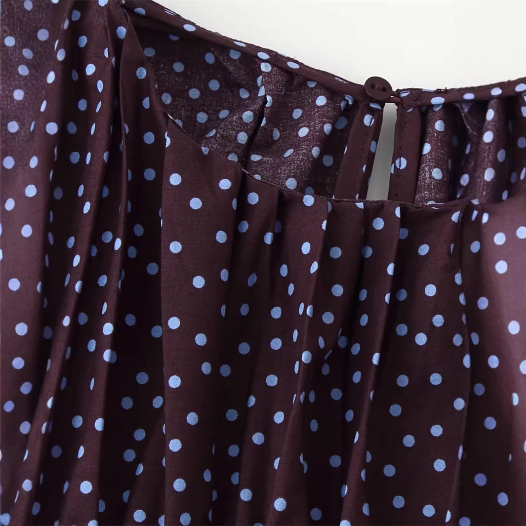 Women gathered polka dot top with elastic smocked body, balloon sleeves and ruffle hem Mune Fashion
